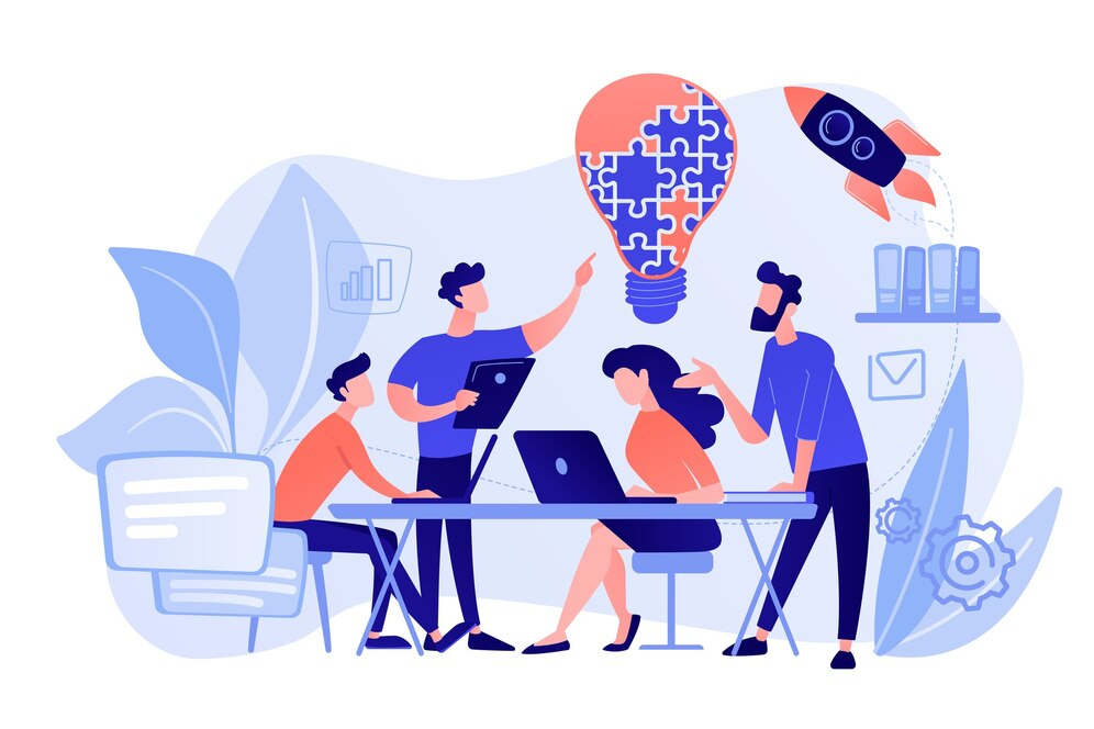 business-team-brainstorm-idea-lightbulb-from-jigsaw-working-team-collaboration-enterprise-cooperation-colleagues-mutual-assistance-concept-pinkish-coral-bluevector-isolated-illustration_335657-1651 بازاریابی آنلاین_طراحی سایت فروشگاهی در اصفهان